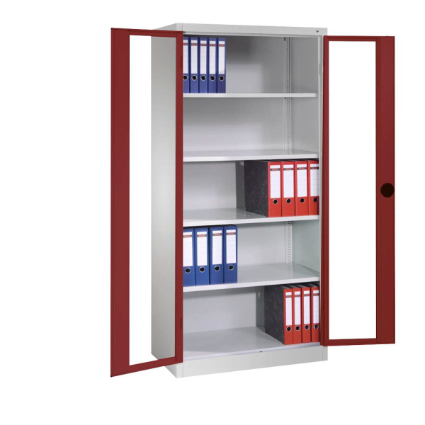 4064615171537 - Stahlschrank 8931-055 S10299 lichtgrau rubinrot Acrylglas 1200 x 500 x 1950 cm aufgebaut 4064615171537 C+P-Möbel 4064615171537 - Stahlschrank 8931-055 S10299 lichtgrau rubinrot Acrylglas 1200 x 500 x 1950 cm aufgebaut 4064615171537 C+P-Möbel